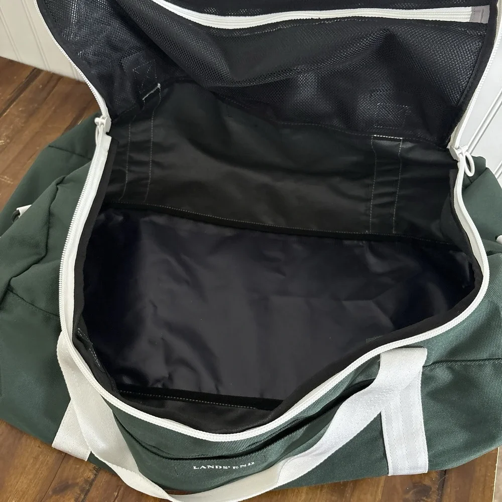 Vintage Lands' End Green White Duffel Bag Weekender Gym Travel Shoulder Strap